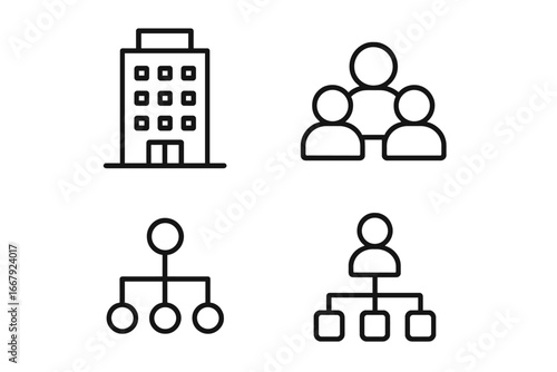 Organizational structure line icons set. Business hierarchy, corporate governance, and team management concepts. Company department, reporting workflow, and leadership symbols.