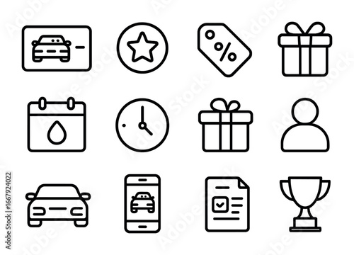 Car Wash Loyalty Icons. Outline icon set of Car wash loyalty programs: loyalty card, star badge, discount tag,