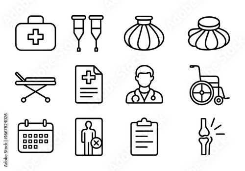 Sports Injury Icons. Outline icon set of Sports injury management: first aid kit, crutches, ice pack, bandage,