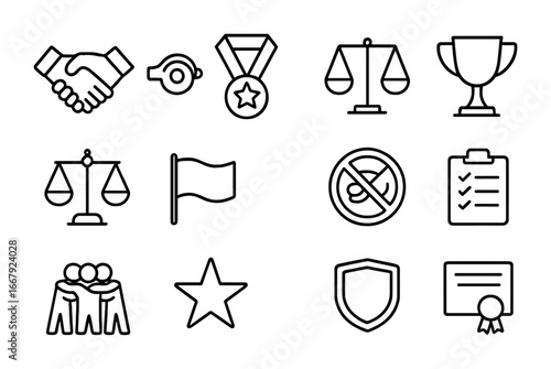 Sports Ethics Icons. Outline icon set of Sports ethics and fair play: handshake, referee whistle, medal,
