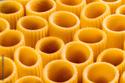 Closeup of beauitful handmade rigatone pasta 
