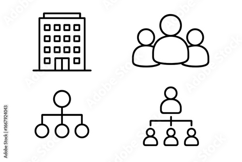 Organizational structure line icons. Vector set of business concepts like company building, department, team, and corporate hierarchy chart. Management and reporting pictograms.