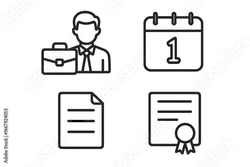 Business and office linear icon set. Essential corporate symbols for work. Businessman with briefcase, calendar date, document file, and certificate of achievement vector.