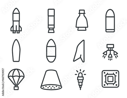 Rocket Parts Icons. Outline icon set of rocket stages and parts: first stage, second stage, engine, fuel tank,