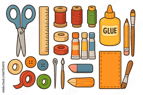 Art and craft supplies set for creative projects. Vector cartoon illustration icons. School stationery for drawing, painting, and sewing. Handmade DIY tools collection.