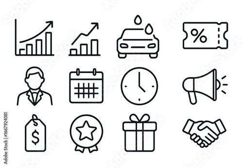 Car Wash Icon Set. Outline icon set of Car wash business growth: chart, graph, car, coupon, customer, calendar