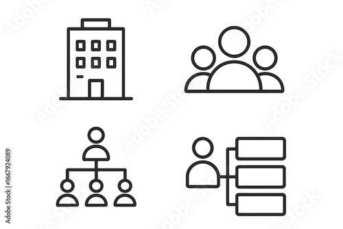Organizational structure icons. Business management and company hierarchy icon set. Corporate workflow, team, department, and reporting structure line vector illustration.