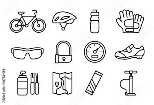 Cycling Gear Icons. Outline icon set of group cycling outdoors: bicycle, helmet, water bottle, gloves,