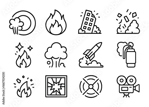 Action Icon Set. Outline icon set of movie explosions and effects: blast wave, fireball, collapsing building,