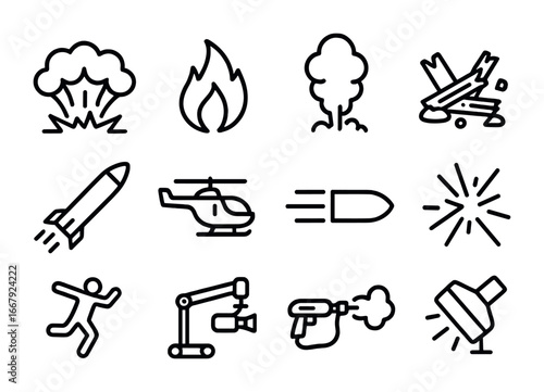Movie Effects Icons. Outline icon set of high-energy movie effects: explosion, fire, smoke plume, wreckage,
