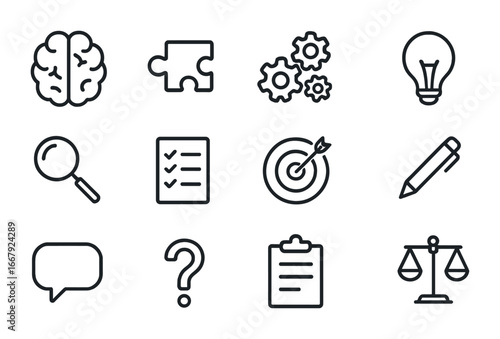 Cognitive Icon Grid. Outline icon set of higher order thinking: brain, puzzle piece, gears, light bulb,