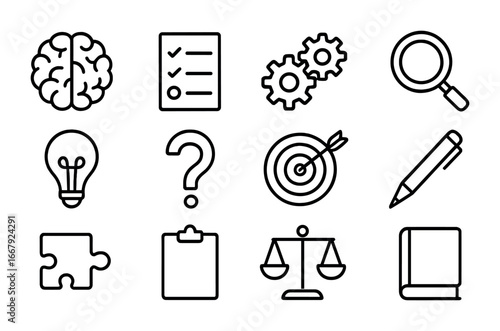 Reasoning Icons Grid. Outline icon set of reasoning process: brain, checklist, gears, magnifying glass, light