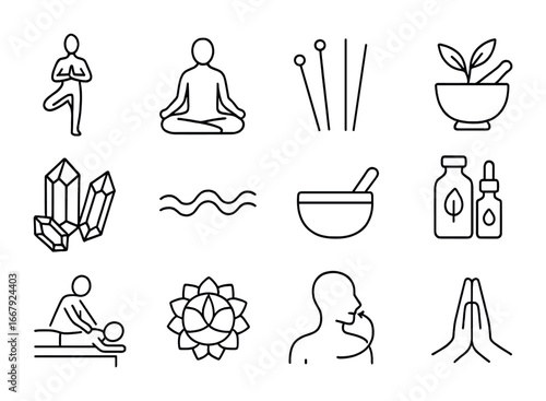 Holistic Wellness Icons. Outline icon set of holistic wellness practices: yoga pose, meditation, acupuncture