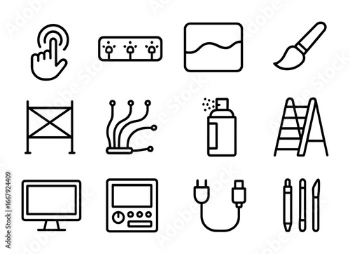 Interactive Wall Icon Set. Outline icon set of interactive wall installations: touch sensors, LED lights,