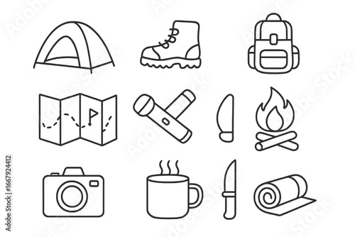 Camping essentials line icon set. Outdoor adventure and hiking equipment. Vector outline symbols collection for travel and tourism. Includes tent, backpack, boot, map, campfire.