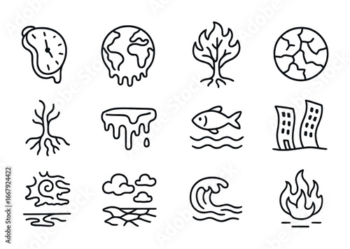 Surreal Climate Icons. Outline icon set of surreal climate crisis icons: melting clock, floating globe,