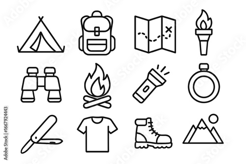 Camping essentials line icon set. Hiking and travel gear outline icons. Outdoor adventure equipment vector. Backpack, tent, map, campfire, mountain, survival symbols.