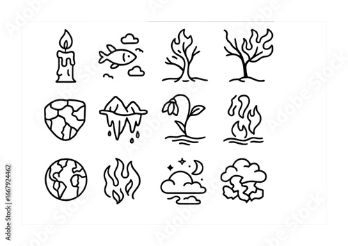 Surreal Climate Icon Set. Outline icon set of symbolic surreal climate elements: melting candle, floating fish