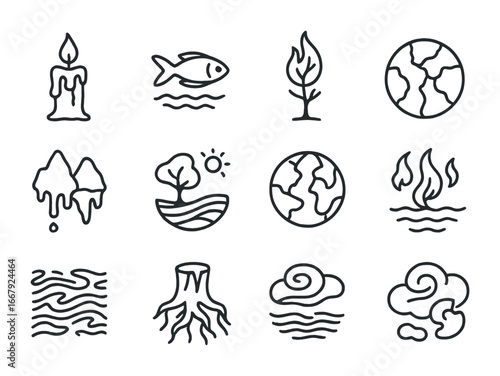 Surreal Climate Icon Set. Outline icon set of symbolic surreal climate elements: melting candle, floating fish