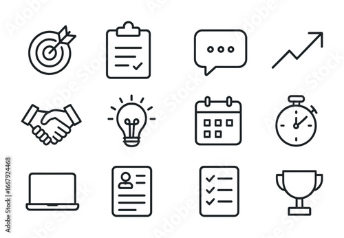 Career Coaching Icons. Outline icon set of career coaching: target, clipboard, speech bubble, upward arrow,