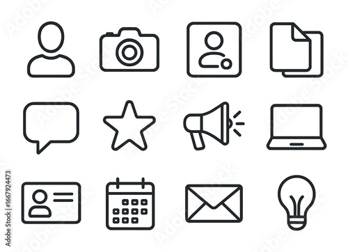 Personal Branding Icons. Outline icon set of personal branding: profile silhouette, camera, social media,