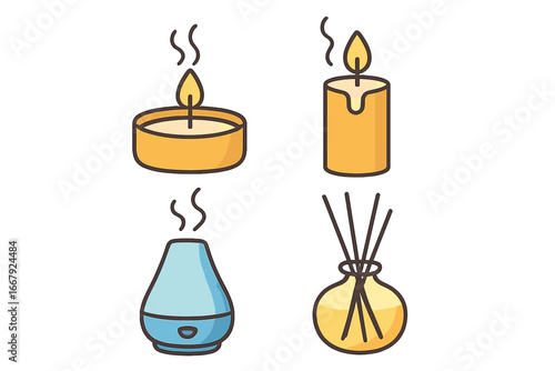 Aromatherapy icons set with candles and aroma diffusers. Home fragrance and spa relaxation concept. Vector cartoon illustration of interior accessories for wellness and comfort.