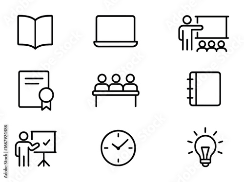 Job Skills Icons. Outline icon set of job skills development: book, computer, training, certificate, workshop,