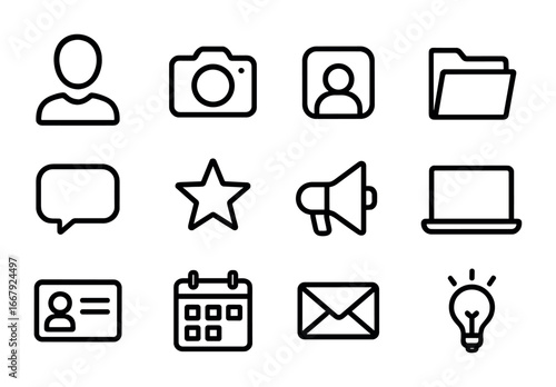 Personal Branding Icons. Outline icon set of personal branding: profile silhouette, camera, social media,