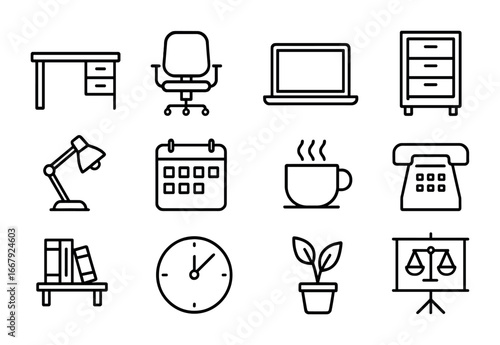 Legal Office Icon Set. Outline icon set of legal office environment: office desk, chair, laptop, filing