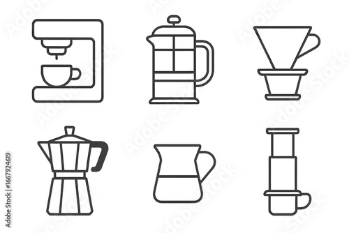Coffee brewing methods vector icon set. Outline symbols of espresso machine, french press, pour-over V60, moka pot, aeropress. Minimalist line art for cafe menu, barista.
