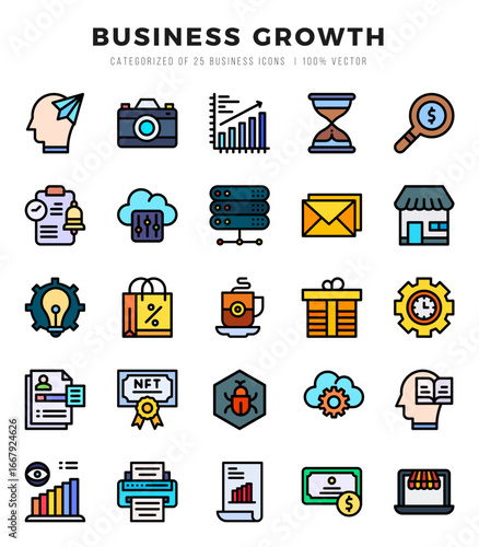 Vector icons set of Business Growth. Lineal Color style Icons.
