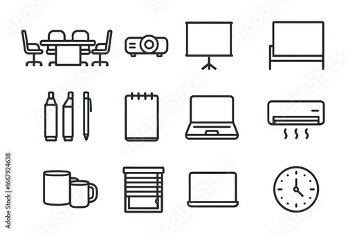 Mobile Office Icons. Outline icon set of mobile office trailer meeting room: conference table, swivel chairs,