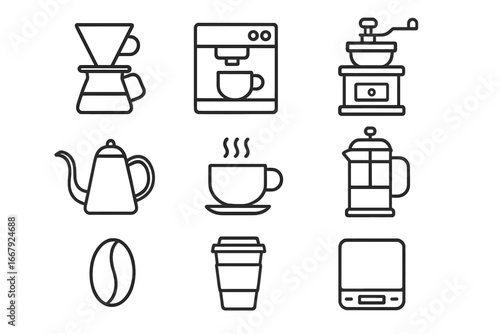 Coffee equipment outline icon set. Vector symbols for barista tools, brewing methods, and cafe essentials. Includes pour-over, french press, espresso machine, grinder, and cup.