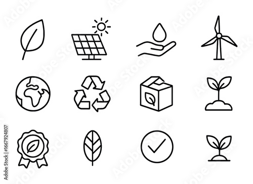 Eco Design Icons. Outline icon set of eco design elements: leaf, solar panel, water conservation, wind turbine