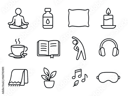 Stress Relief Icons. Outline icon set of stress relief practices: meditation pose, essential oil bottle, soft