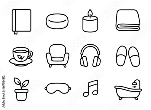 Self-Care Icons. Outline icon set of nurturing self-love: journal, meditation cushion, candle, soft blanket,