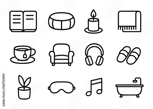 Self-Care Icons. Outline icon set of nurturing self-love: journal, meditation cushion, candle, soft blanket,