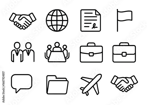 Global Business Icons Grid. Outline icon set of global business agreements: handshake, globe, contract, flag,
