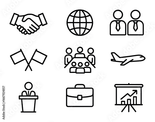 Trade Agreement Icons. Outline icon set of trade agreement icons: handshake, globe, delegates, contract, flags