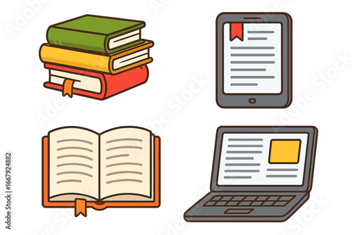 Education and e-learning icon set with books, laptop, and ereader. Online library and distance learning concept. School, study, knowledge and research symbols. Vector cartoon.