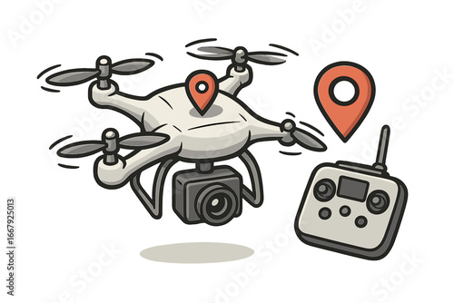 Cartoon drone quadcopter with camera for aerial photography, video surveillance. Remote controller and GPS location marker for navigation. Unmanned aerial vehicle concept vector.