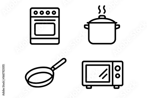 Kitchen cooking line icon set. Cooktop, oven, pot, pan, microwave vector icons. Simple outline pictogram collection for kitchenware, utensils, home appliances and food.