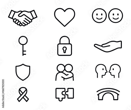 Trust Symbol Icons. Outline icon set of trust in friendships: handshake, heart, smiling faces, key, lock, open