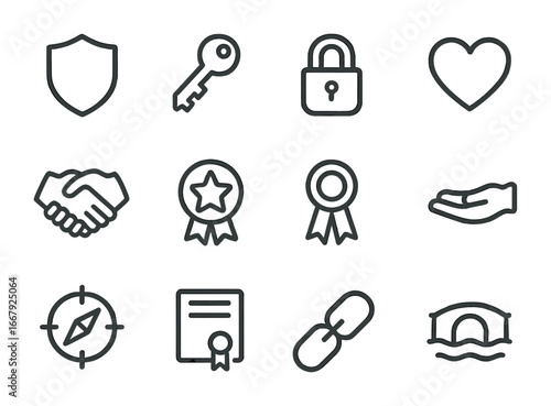 Trust Symbols Grid. Outline icon set of trust symbols: shield, key, lock, heart, handshake, star badge, ribbon
