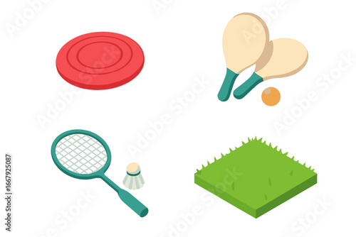 Isometric icon set of outdoor summer games. Vector collection of sports equipment for fun active lifestyle. Frisbee, beach paddle tennis, badminton, and lawn icons.