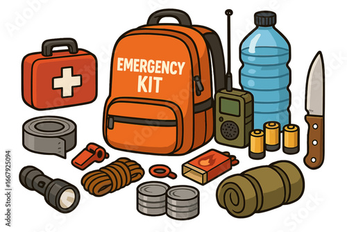 Emergency preparedness kit with essential supplies for survival. Vector cartoon of a go-bag with tools for outdoor safety, disaster, or earthquake. First aid equipment set.