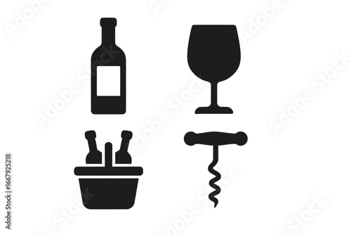 Wine icon set solid glyph vector. Wine tasting essentials collection with bottle, glass, corkscrew, ice bucket. Alcohol beverage silhouette symbols for bar, restaurant menu.