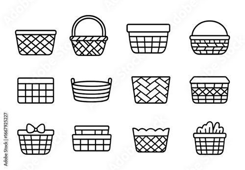 Decorative Basket Icons. Outline icon set of decorative baskets for storage: woven basket, wicker handle,