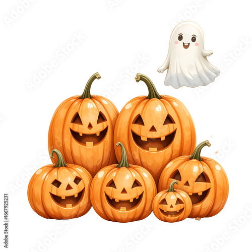 Halloween Pumkin Clipart Design: Cute Jack-o'-Lantern Group with a Smiling Ghost for Spooky and Festive Illustrations.PNG on Transparent Background