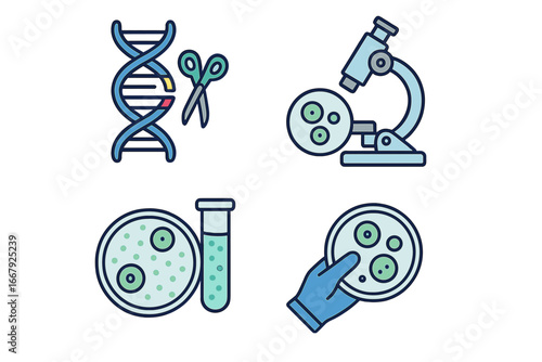 Biotechnology icon set for science and research. Gene editing, DNA modification, and genetic engineering concept. Laboratory equipment, microscope, petri dish, and cell culture vector.